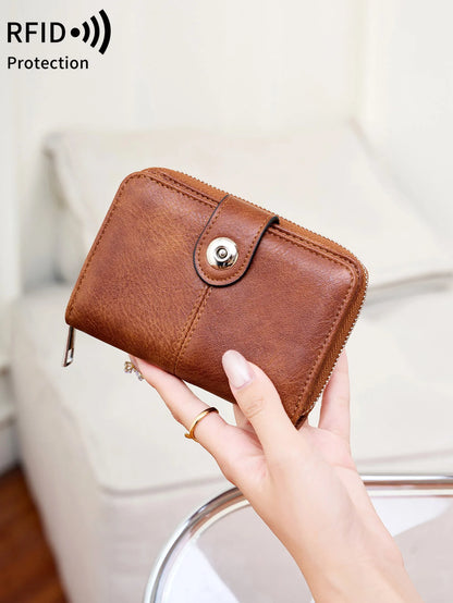 Women's RFID Blocking Short Wallet – Vintage Zipper Coin Purse & Card Holder