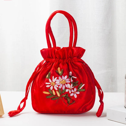 Embroidered Drawstring Handbag – Floral Satin Bucket Bag