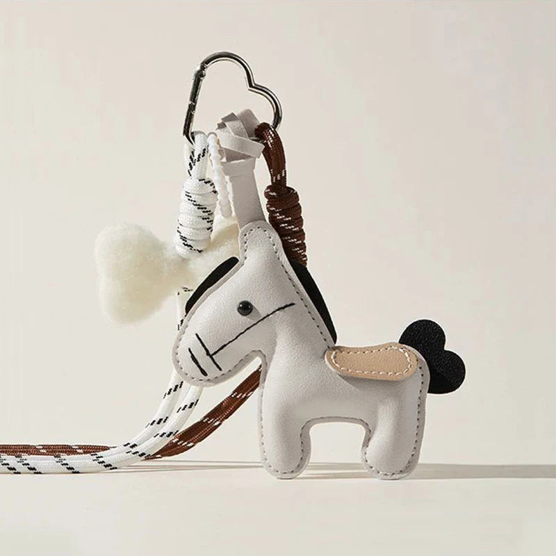 PU Leather Pony Keychain Bag Charm with Braided Rope & Bow