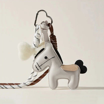 PU Leather Pony Keychain Bag Charm with Braided Rope & Bow
