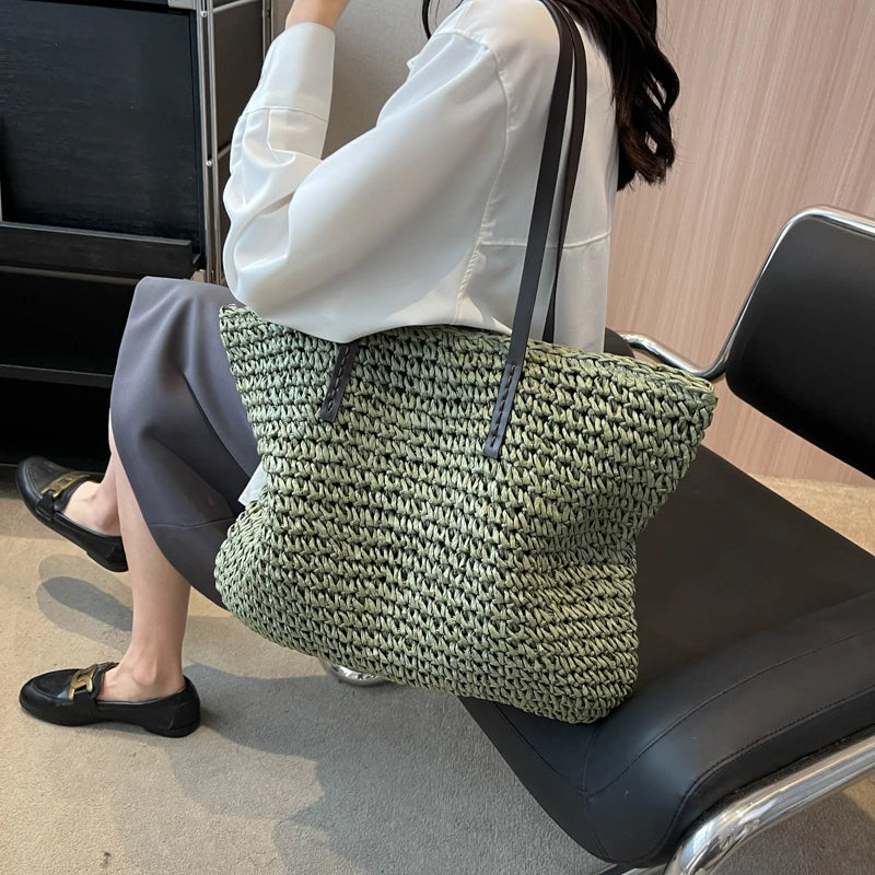 Moods Luxury Design Straw Woven Tote Bags Women Large Capacity Shoulder Beach Bag Pure Color Summer