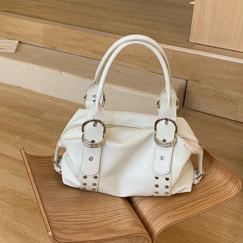 Y2K Rivet Shoulder Bag for Women – PU Leather Motorcycle Handbag