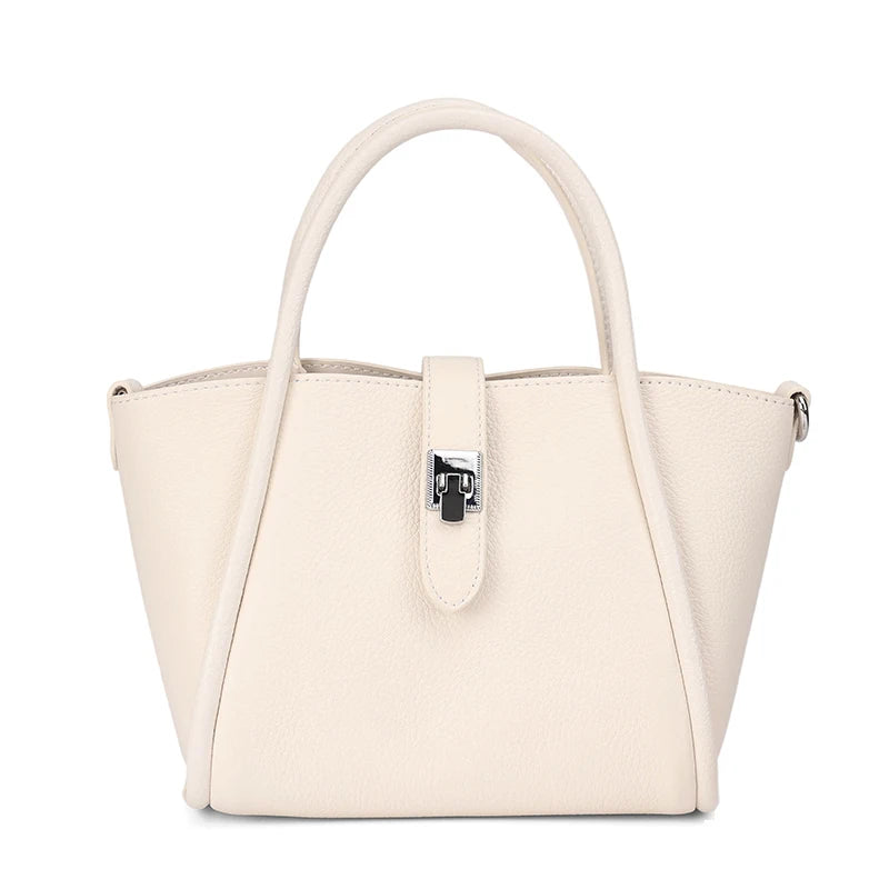 Genuine Leather Mini Tote Bag for Women – Cowhide Shoulder Handbag with Lock Closure