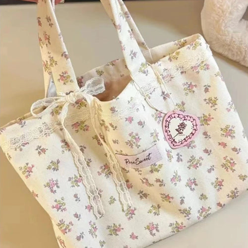 Large Capacity Floral Canvas Tote Bag with Lace Bow