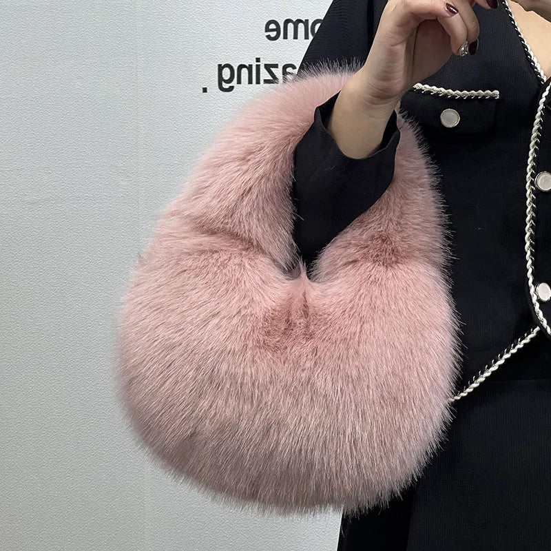 Fluffy Faux Fur Half Moon Bag – Women's Luxury Small Tote