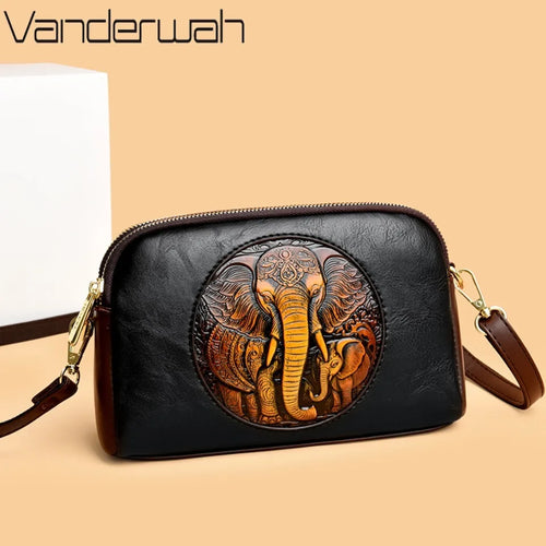 Vintage Elephant Embossed Leather Crossbody Bag for Women – Retro Messenger