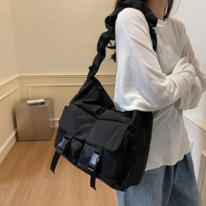 Moods Pleated Design Crossbody Bags Girls Nylon Fabric Multi Pockets Large Capacity Messenger Bag