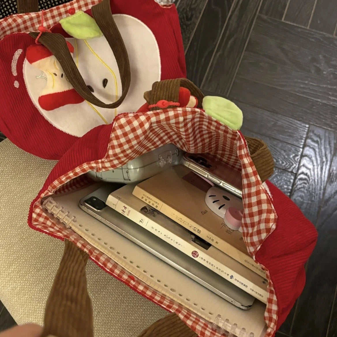 Corduroy Apple Handbag — Cute Casual Shoulder Bag with Pendant