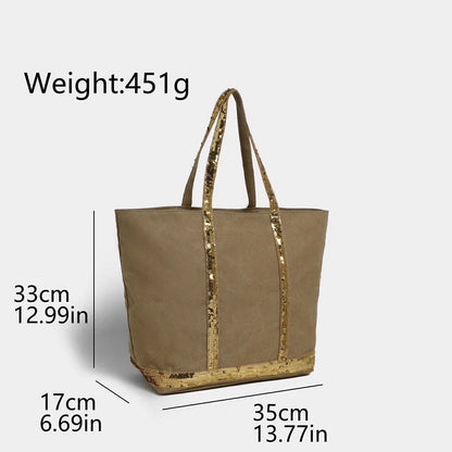 Sequin Canvas Tote Bag – Large Capacity Color-Block Handbag