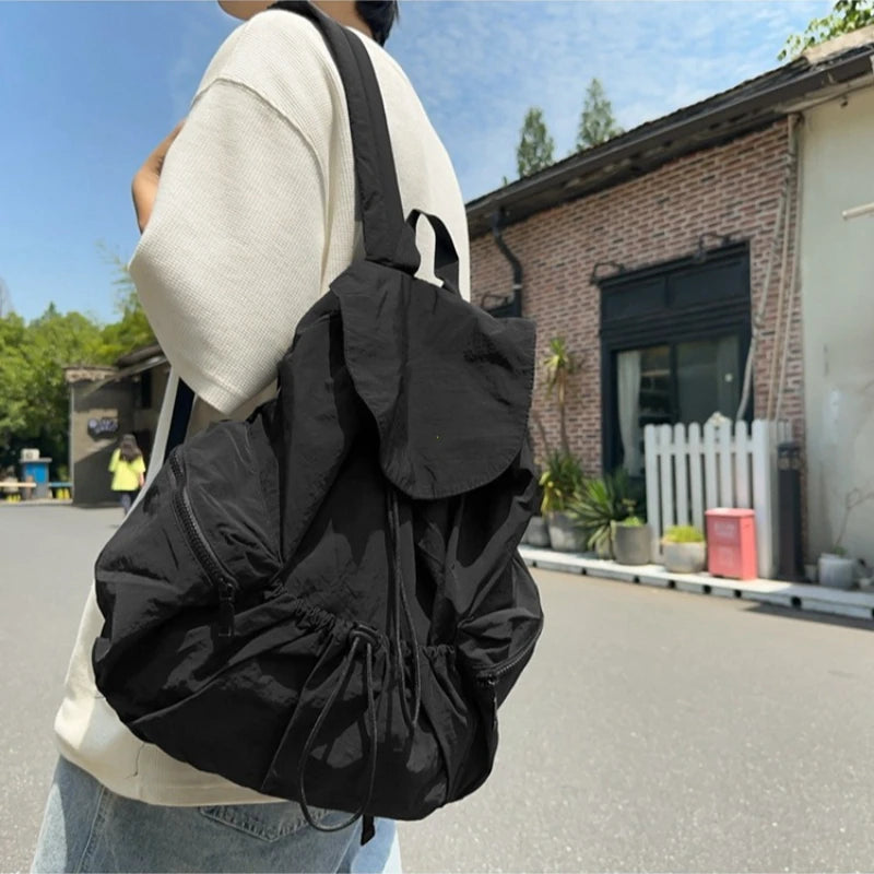 Pleated Drawstring Nylon Backpack – Large Capacity School Bag for Women