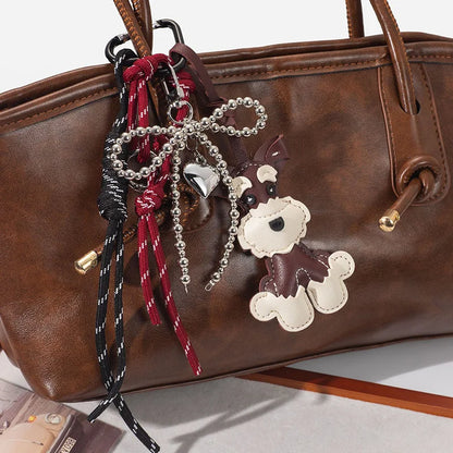 Schnauzer Dog Keychain – Handmade Rope Bag Charm with Bow Pendant