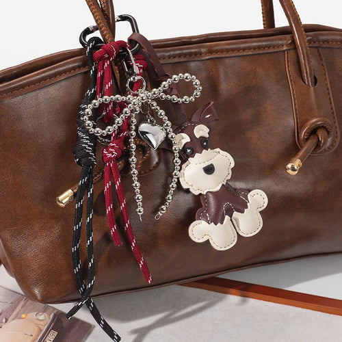 Schnauzer Dog Keychain – Handmade Rope Bag Charm with Bow Pendant