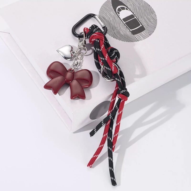 Mini Bow Bag Charm Keychain with Braided Rope & Heart Pendant