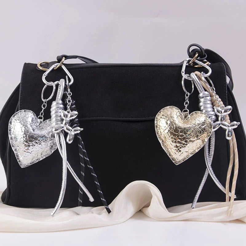 Leather Heart Keychain – Cute Beaded Bow Keyring with Bag Charm