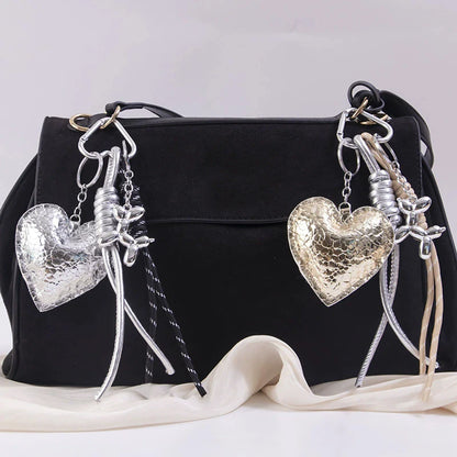 Leather Heart Keychain – Cute Beaded Bow Keyring with Bag Charm