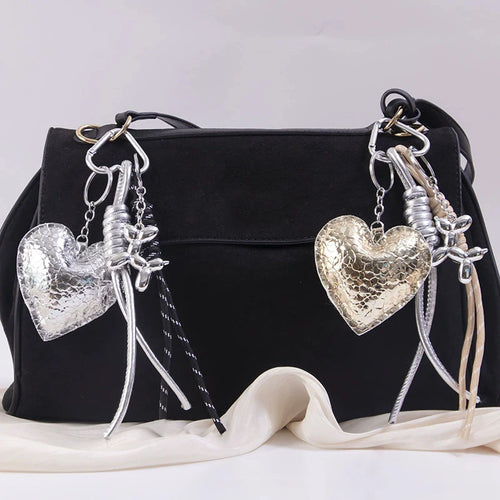Leather Heart Keychain – Cute Beaded Bow Keyring with Bag Charm