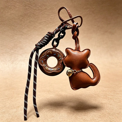 Cat Keychain – Cute Leather Cat & Donut Bag Charm with Tassel