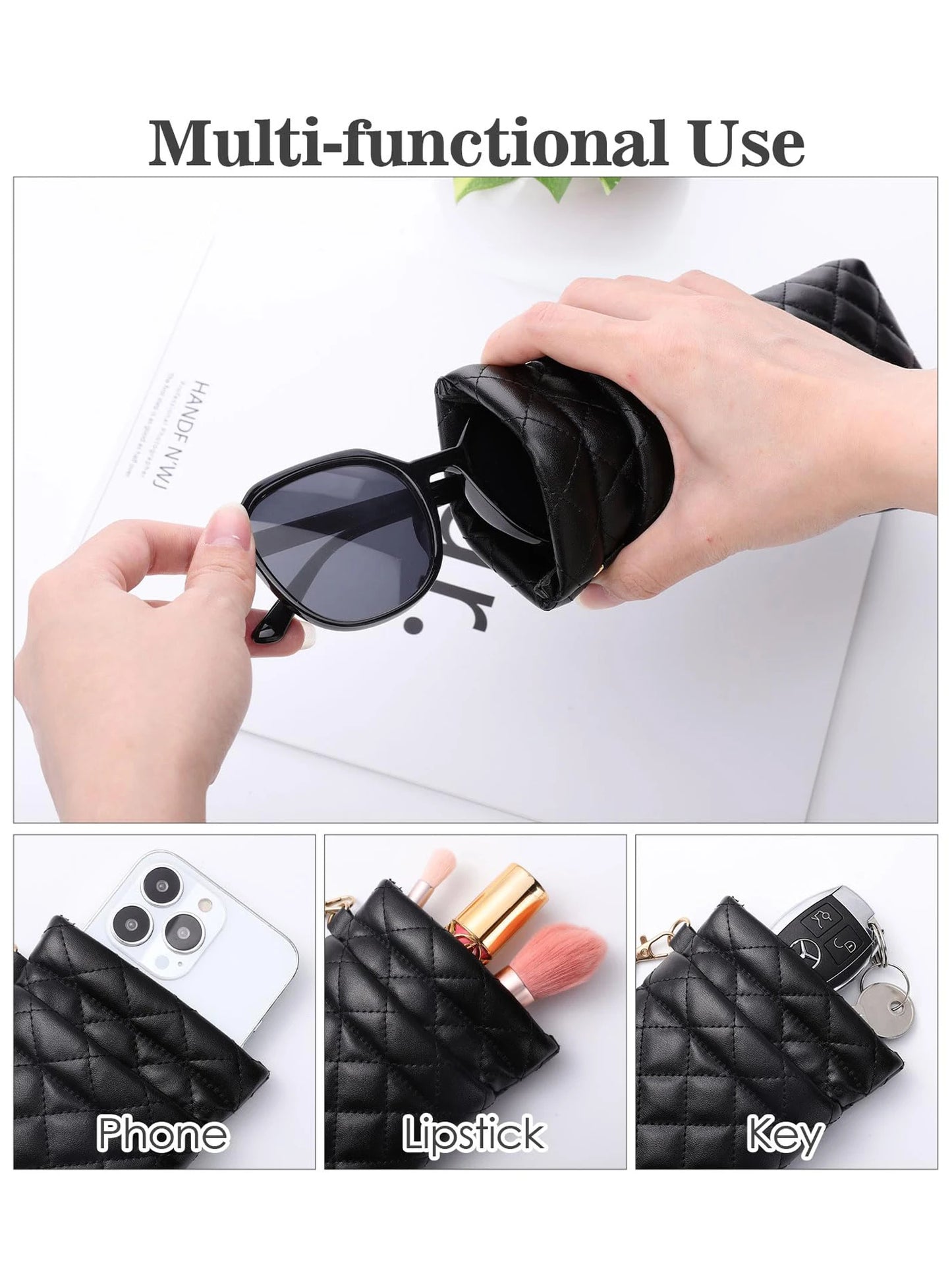 Soft PU Leather Double Glasses Case – Quilted Argyle Squeeze-Top
