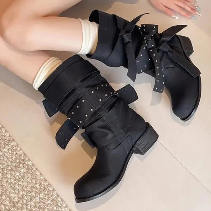 Punk Rivet Bow Mid-Calf Boots – Women's Block Heel British Style
