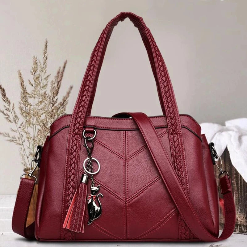 Large Capacity PU Leather Shoulder Bag with Tassel Pendant