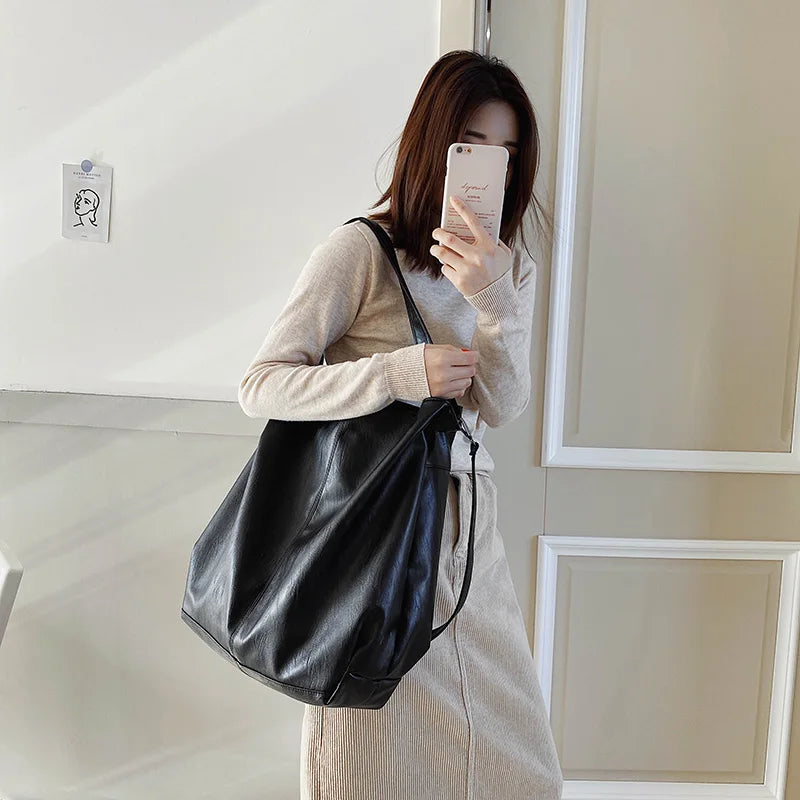 Moods Oversized Black Shoulder Bags Women Luxury Soft Leather Large Capacity Shopper Totes