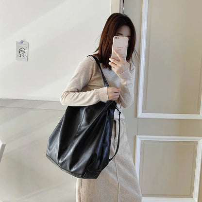 Moods Oversized Black Shoulder Bags Women Luxury Soft Leather Large Capacity Shopper Totes
