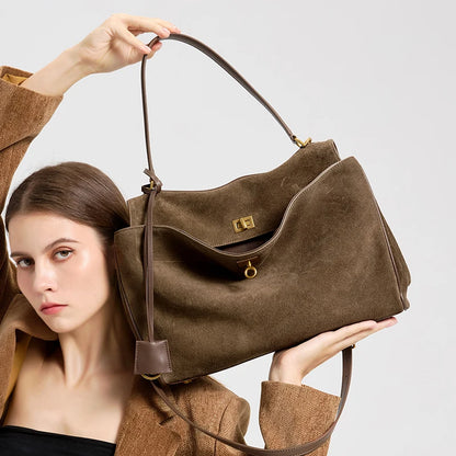 Suede Genuine Leather Tote Bag for Women – Large Capacity Shoulder Handbag