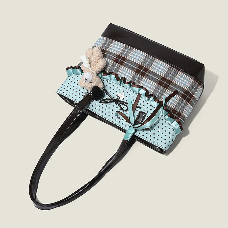 Mint Green Patchwork Bow Handbag – Plaid Canvas Tote Bag