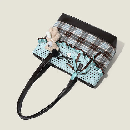 Mint Green Patchwork Bow Handbag – Plaid Canvas Tote Bag