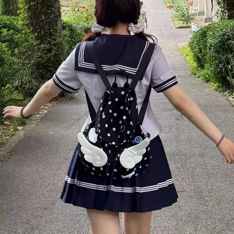 Y2K Polka Dot Backpack - 3D Angel Wings Kawaii Drawstring Bag for Girls