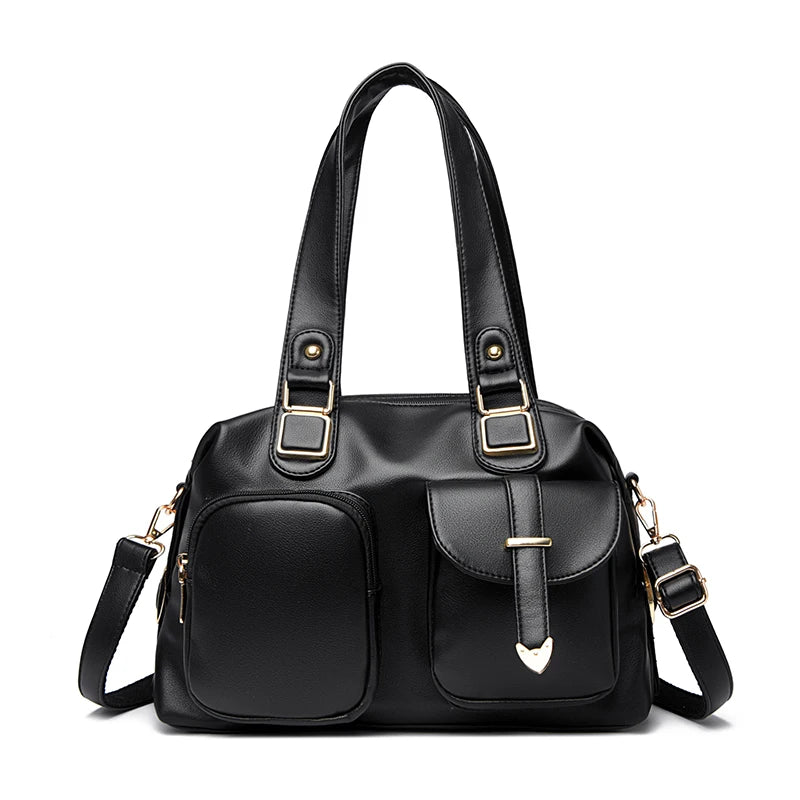 Leather Tote Handbag with Dual Front Pockets & Arrow Hardware