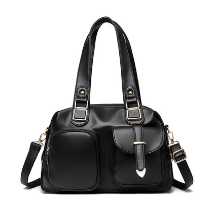 Leather Tote Handbag with Dual Front Pockets & Arrow Hardware