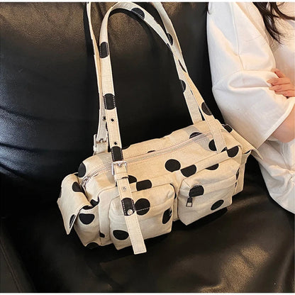 Polka Dot Canvas Shoulder Bag – Multi-Pocket Large Capacity Boston Handbag