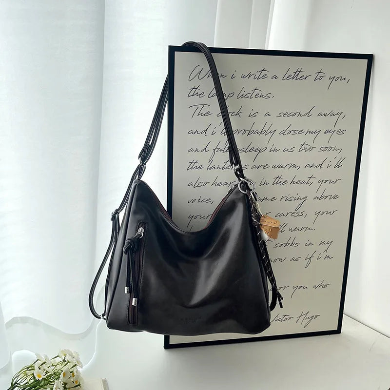 Women's Leather Shoulder Bag – Crossbody Tote with Pendant