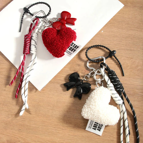 Plush Heart Keychain with Bow – Cute Woven Rope Bag Charm