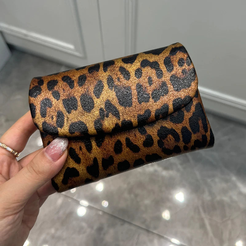 Leopard Print Genuine Leather Short Wallet – Women's Coin Purse
