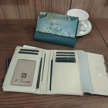 Snake Pattern Genuine Cowhide Leather Trifold Wallet for Women