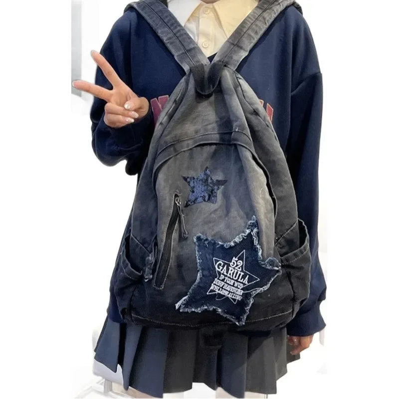 Denim Star Backpack – Y2K Korean Vintage Schoolbag