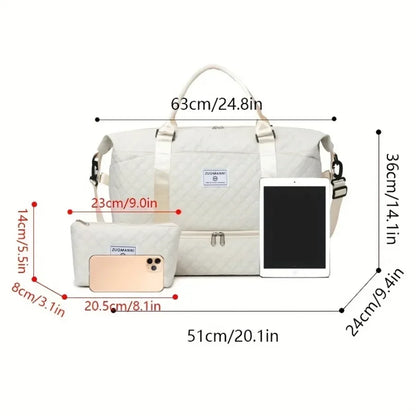 Quilted Nylon Travel Duffle Bag Set with Shoe Compartment