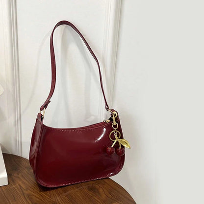 PU Leather Shoulder Bag with Cherry Pendant for Women