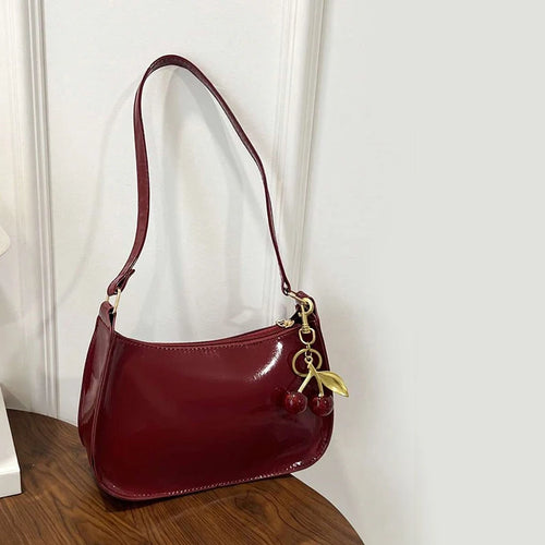 PU Leather Shoulder Bag with Cherry Pendant for Women