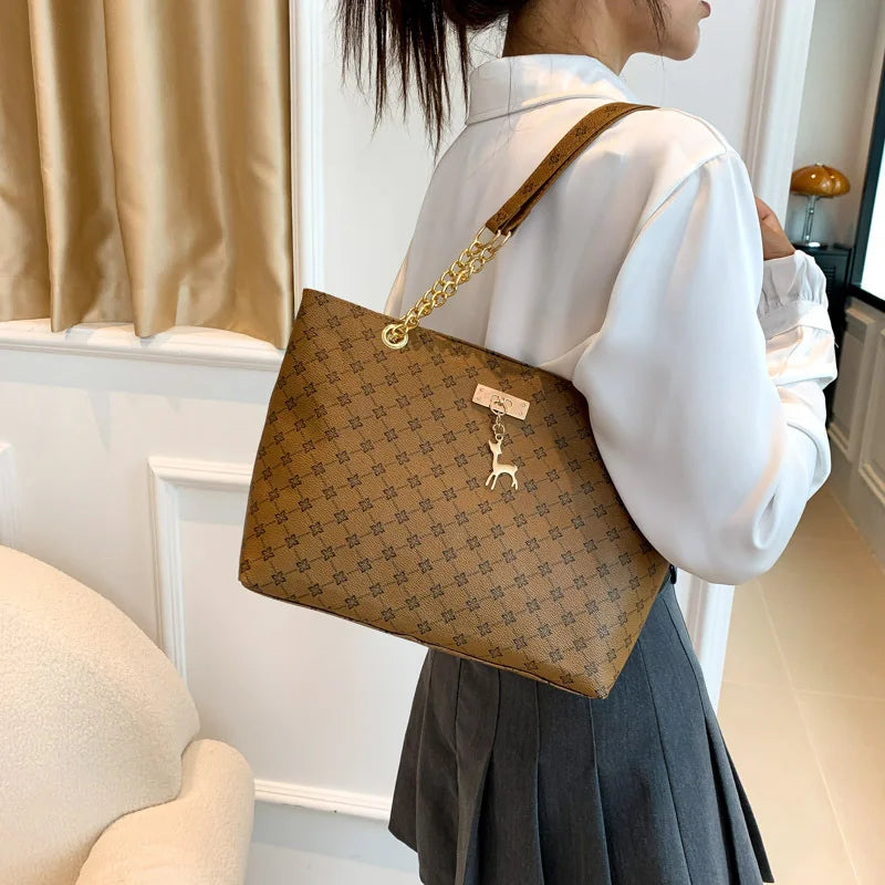 Monogram Print Large Tote Bag with Gold Chain Shoulder Strap