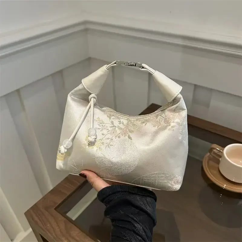Embroidered Bucket Bag Women's Pearl Crossbody Handbag