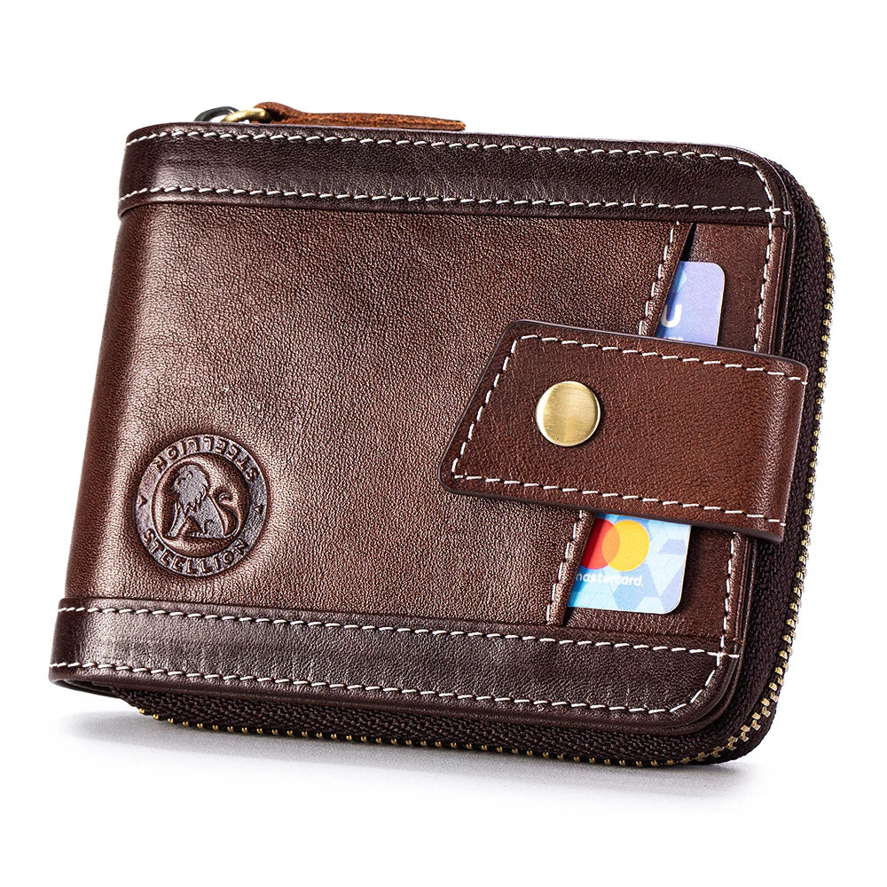 Men's Leather Zipper Wallet with Coin Purse & Card Slots