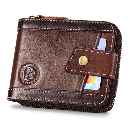 Men's Leather Zipper Wallet with Coin Purse & Card Slots