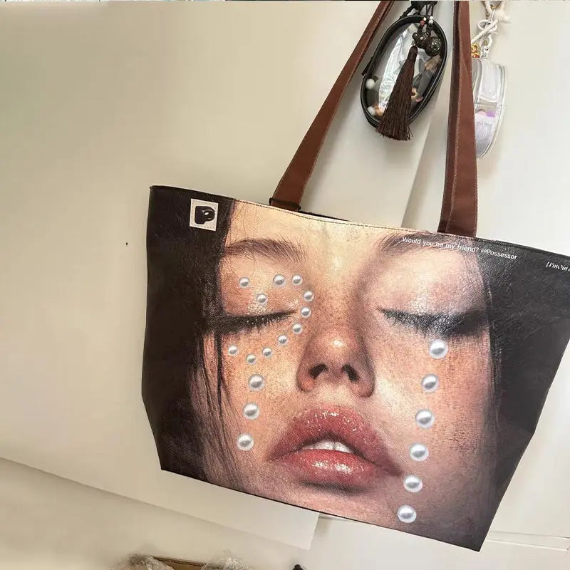 Y2K Pearl Print Tote Bag – Large PVC Shoulder Bag for Women