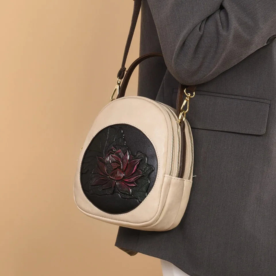 Lotus Embossed Leather Crossbody Bag – Mini Vintage Shoulder Bag