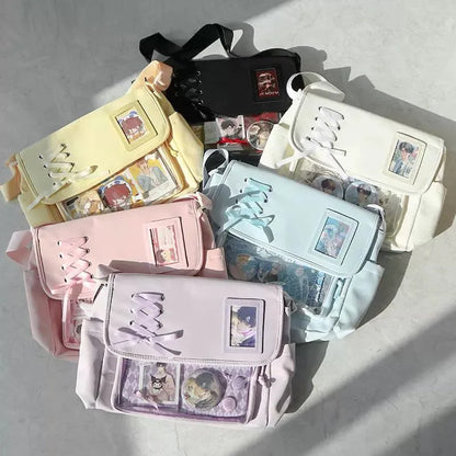 Canvas Crossbody Bag Kawaii Lace-Up Flap Shoulder Bag with Card Display