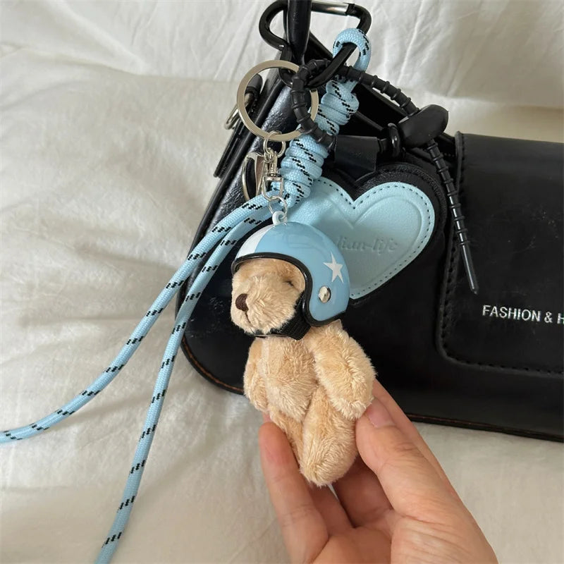 Bear Keychain – Cute Plush Helmet Bear Bag Charm with Heart