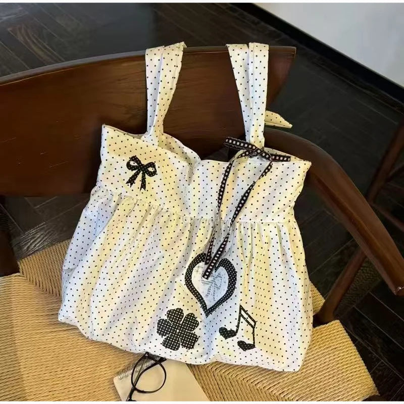Cute Bow Polka Dot Nylon Tote Bag for Women
